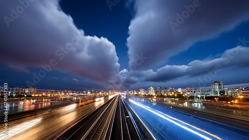 Dynamic cityscape at twilight showcasing illuminated highways and dramatic cloud formations