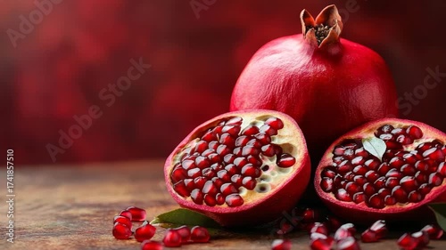 Vivid pomegranate halves and whole fruit arranged on rustic table with rich red background