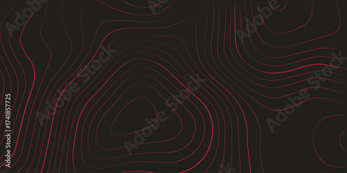 Ultra wide black background abstract red contour topographic map terrain path mapping modern cartography vector design
