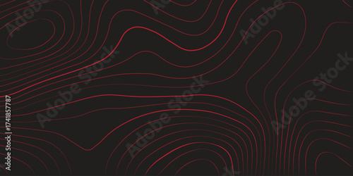 Modern abstract topographic map contour lines red black background panoramic terrain path mapping geographic scheme vector artwork

