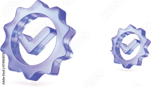 The image presents two identical icons of a checkmark inside a circular shape with a star-like or sunburst-like perimeter. The icons are translucent blue and have a slight glossy, 3