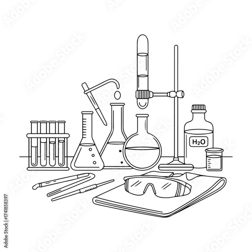 Chemistry Setup coloring page in minimalist line art style. Hand drawn black and white illustration, perfect for adult coloring books, printable art therapy, and creative relaxation.