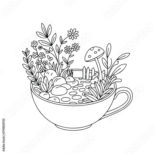 Cup with Plants and Mushrooms coloring page in hand drawn black and white line art. Printable vector illustration for stress relief, mindfulness, and relaxing creative activities.
