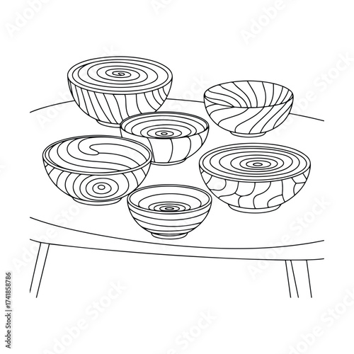 Striped Bowls on Table hand drawn black and white coloring page in line art style. Printable vector illustration for adults and kids. Perfect for art therapy, mindfulness, and creative relaxation.

