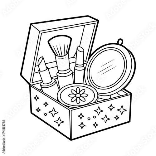 Makeup Box with Cosmetics coloring page in hand drawn black and white line art style. Printable vector illustration perfect for adults and kids. Ideal for art therapy, relaxation, and creative