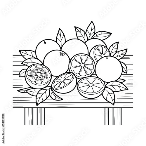 Fruit Table hand drawn black and white coloring page in line art style. Printable vector illustration for adults and kids. Perfect for art therapy, mindfulness, and creative relaxation.