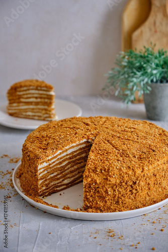 Honey cake on a white plate on a gray table