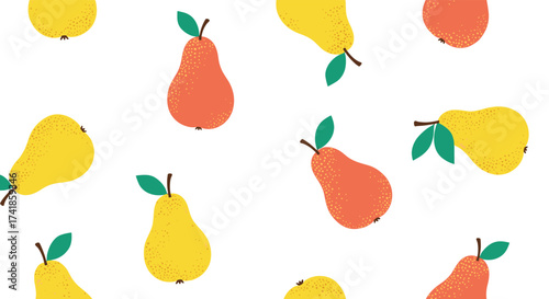 A cheerful and vibrant pattern featuring various ripe pears in yellow and red hues.