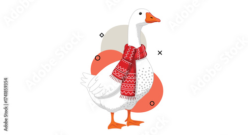 A festive goose wearing a red knitted scarf stands against a white background with abstract circular shapes and geometric accents.