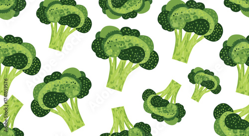 A delightful repeating pattern of fresh green broccoli florets on a white background.