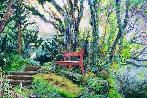 Enchanting red bench in a lush verdant garden oasis