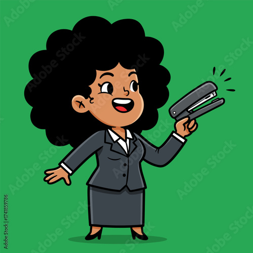 Smiling woman in business suit holding stapler, standing on green background.