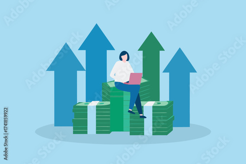 Woman working on laptop sitting on stacks of money with upward trending arrows symbolizing financial growth