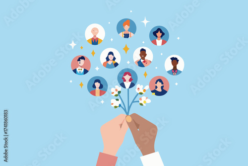 Diverse group of people represented as avatars connected by a bouquet of flowers held by two hands