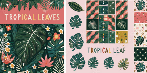 Vibrant tropical leaves and floral patterns collection with monstera and palm fronds