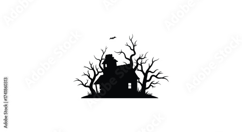 Spooky silhouette haunted house silhouette surrounded by bare twisted trees and a full moon for halloween ambiance