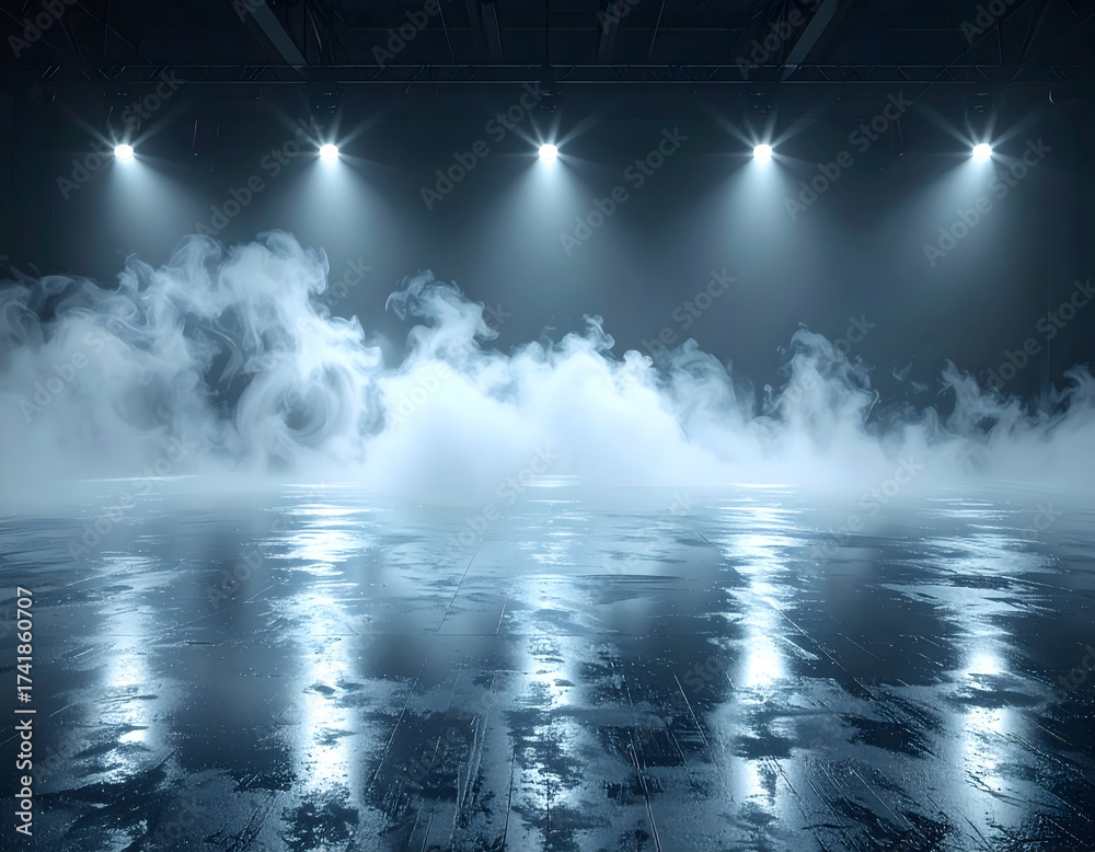 Fototapeta premium Dramatic stage lighting illuminates a mysterious smoky atmosphere, creating an empty yet expectant performance space with reflective floors and bright spotlights