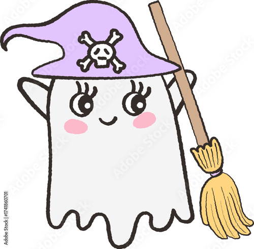 Cute halloween ghost holding broomstick cartoon doodle