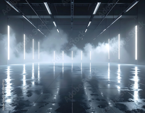 Futuristic industrial warehouse interior with vertical neon light tubes, atmospheric fog, and a wet reflective floor, creating a mysterious and visually striking digital backdrop