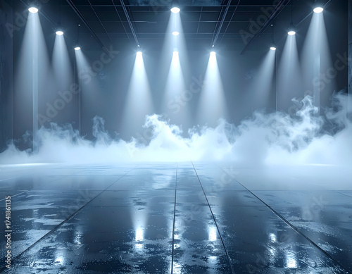 Stage lighting and smoke effects creating a dramatic atmosphere on a wet, reflective floor