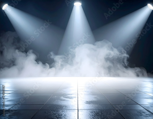 Stage with dramatic spotlights and swirling fog creating a moody and atmospheric performance venue