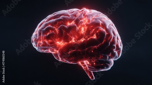 A human brain is displayed in dark lighting, featuring a glowing red amygdala at the center, representing emotional intensity and response to threat in a medical-style render.
