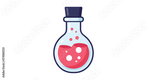 Magical potion bottle filled with red liquid bubbling and sealed with a cork stopper simple graphic