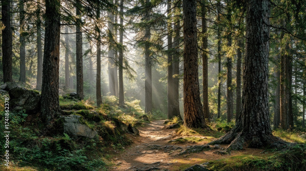 Naklejka premium Sunlight path through forest
