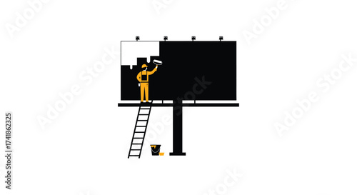 Artist paints black onto billboard canvas creativity concept outdoor advertising urban art street art installation