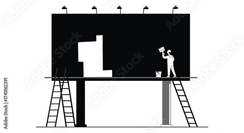 Artist painting a billboard with white paint and ladders for advertising and outdoor promotion concept