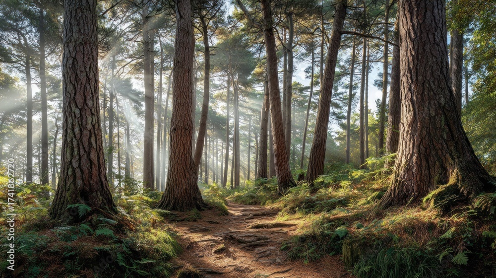 Obraz premium Sunlight streams through pine forest path