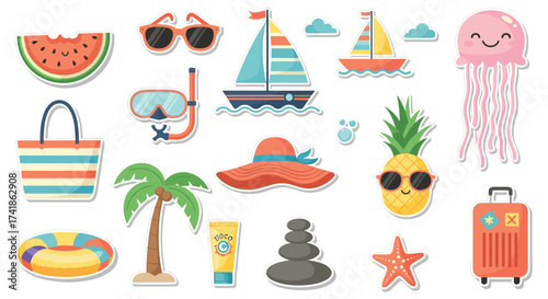 A vibrant collection of summer vacation and beach-themed illustrations depicting various elements for a holiday.