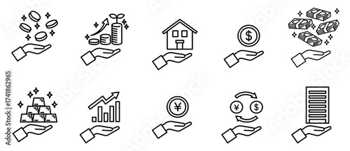 お金・投資・資産・金融アイコンセットモノクロ