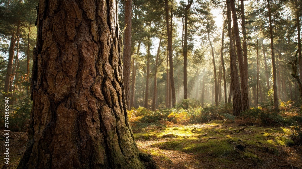 Obraz premium Sunlight filtering through forest trees