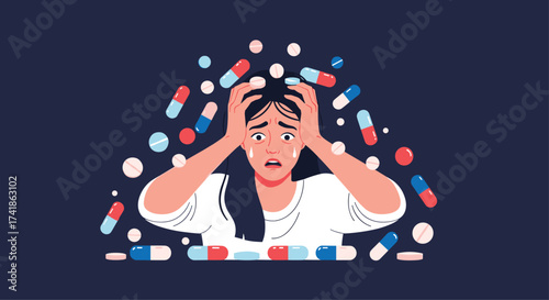 Woman overwhelmed by pills and medications distress and anxiety.