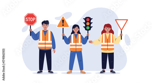 Traffic safety instructors demonstrating road signs and signals.