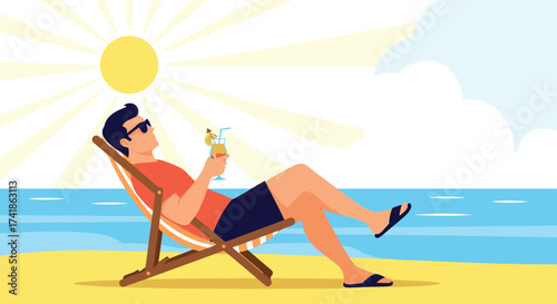 A man relaxes in a chair on the beach with a drink.