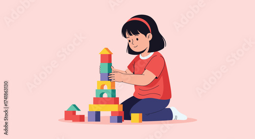 A young child is building a tower of colorful blocks on a pink background.