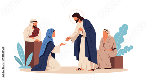 Jesus heals a woman by touching her hand.