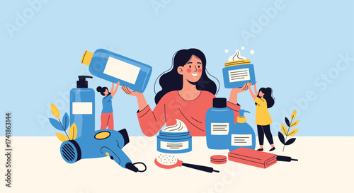 A woman surrounded by beauty products and hair styling tools