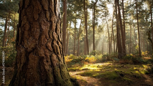 Sunlight filtering through forest trees