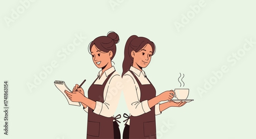 Two baristas working together to serve customers with coffee drinks.