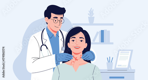 Doctor examining a woman's neck for thyroid issues.