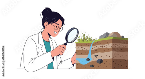 Scientist examines soil layers and groundwater flow.
