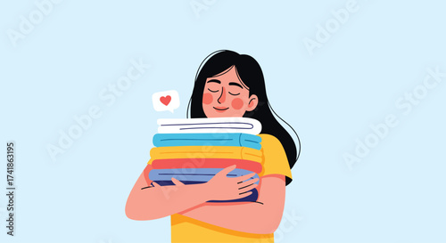 A person lovingly embraces a stack of colorful books.