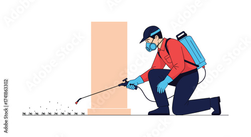 Professional pest control service provider spraying insecticide near a building.