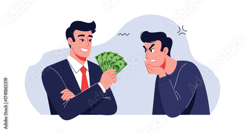 One man is offering money to another man who looks angry and unwilling.