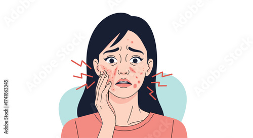 A woman looking distressed with pimples and redness on her face.