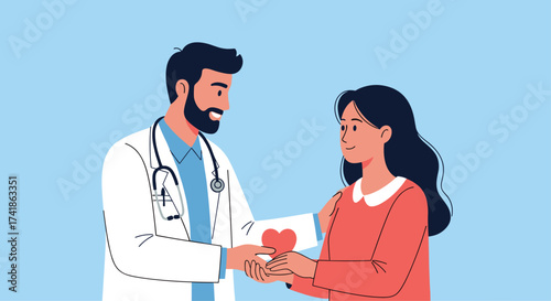 A doctor and patient share a red heart symbolizing health and care.