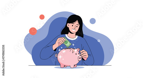 Young woman saving money in a piggy bank for her future financial goals.